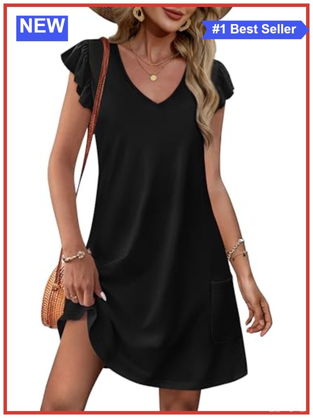 Women's Ruffle Sleeve V-Neck Swing Dress with Pockets